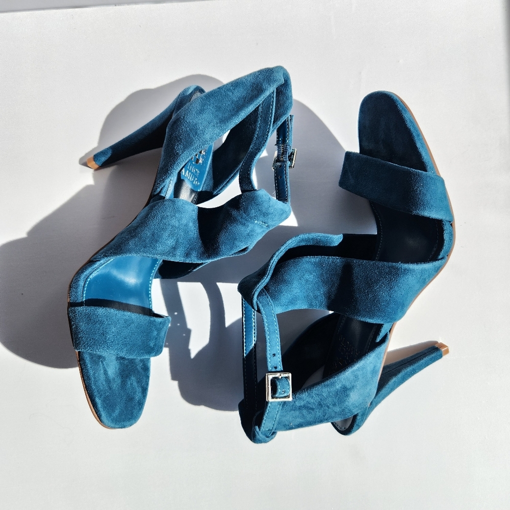 NWOT Vince Camuto 6.5M Kalentie Teal Suede Open Toe Sandals 3.5" Stiletto Heel